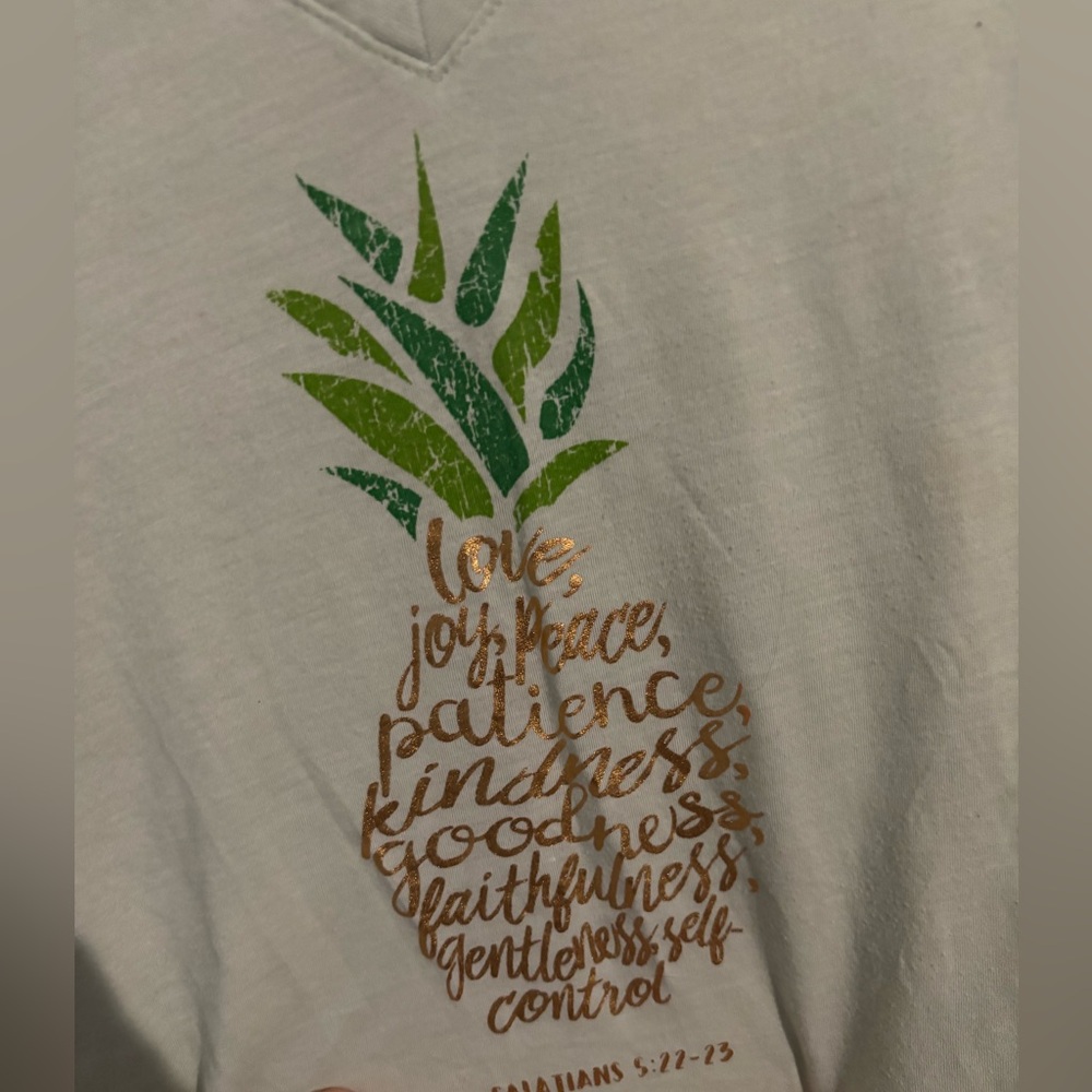 3/$15 Pale green T-Shirt with Pineapple and Inspirational Text
